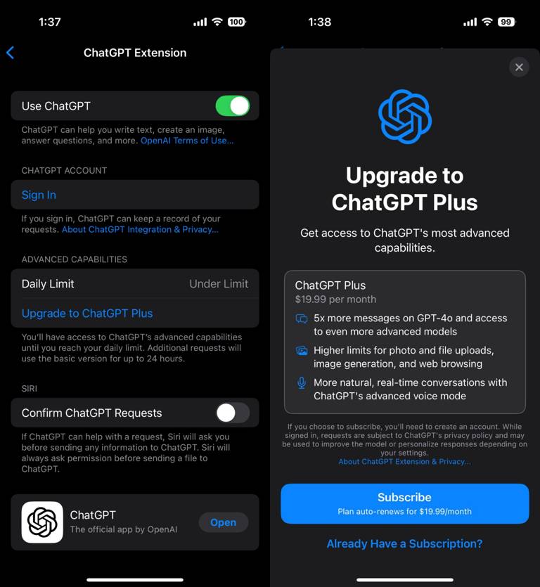 #人工智能 苹果在 iOS 18.2 Beta 2 设置中新增 ChatGPT 限额查看，引导用户开通 19.99 美元 / 月的 ChatGPT Plus 订阅会员。这是苹果与 OpenAI 的交易之一，苹果不直接向 OpenAI 付费而是集成并引导用户自己开通订阅会员，开通后每日配额更高可以使用的次数也更多，反之不开通会员达到每日配额后 Siri 都无法查询复杂问题。