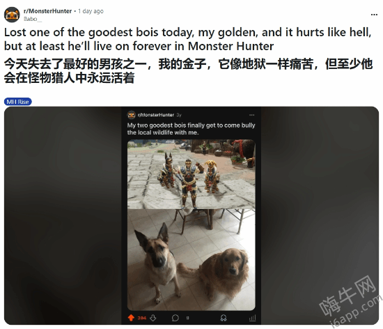 《怪物猎人》成情感寄托，玩家痛失爱犬，网友暖心安慰